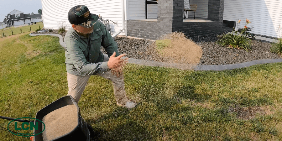 Allyn throwing grass seed on lawn