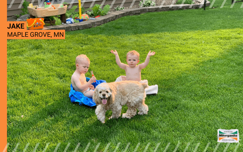 Children playing in healthy and green lawn after using Milorganite fertilizer. 