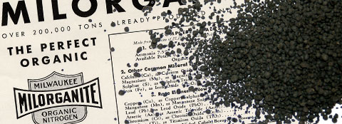Milorganite fertilizer on an old Milorganite advertisement. 